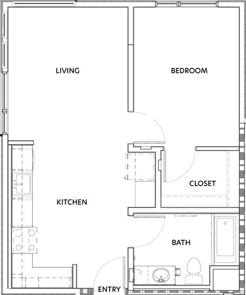 Floor plan for 1 bed, 1 bath, 591 sqft